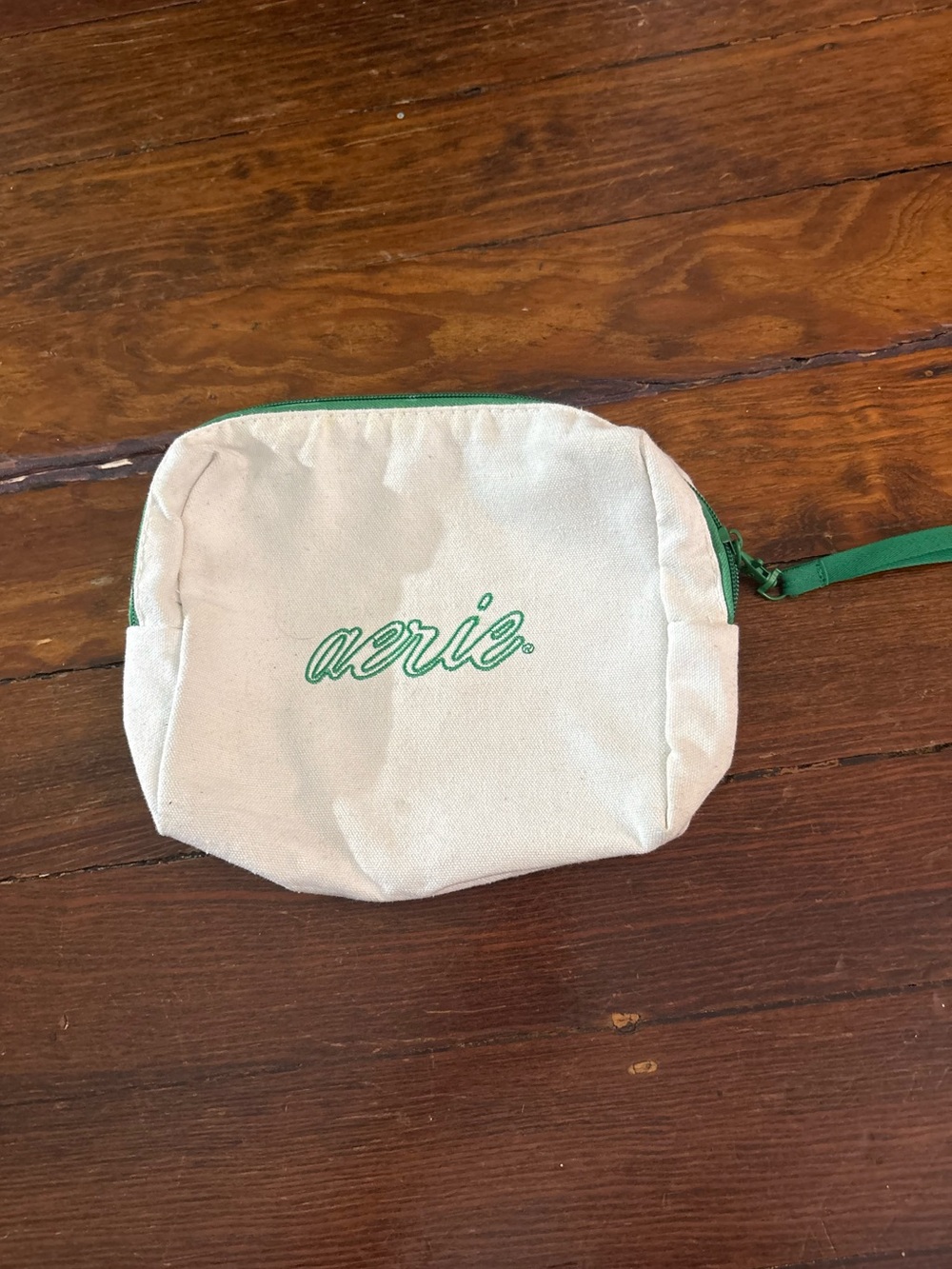 Aerie cream green logo cosmetic pouch